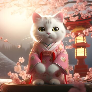 AI generated illustration of a cat wearing traditional clothing for animation scene
