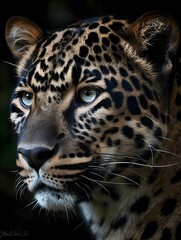 AI generated illustration of a leopard portrait under the lights against a black background