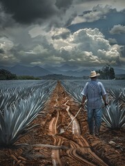 The agriculturist is clearing the agave plantation using his equipment. - 779545601
