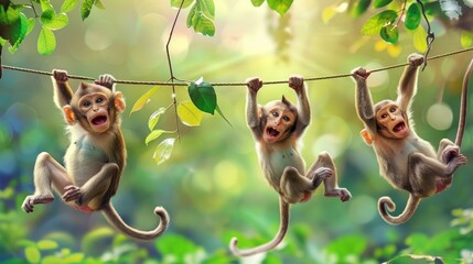 Playful monkeys swinging from vines  AI generated illustration - obrazy, fototapety, plakaty