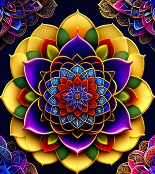 AI generated illustration of a purple and yellow mandala design
