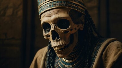 AI-generated illustration of a creepy human skeleton in ancient Egyptian attire