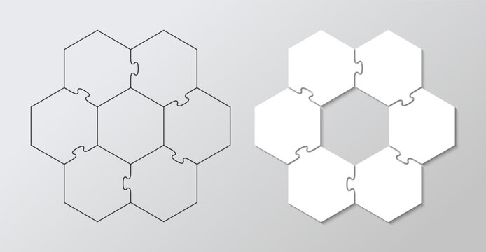 Hexagon business presentation infographic. Jigsaw puzzle info graphic with 6 pieces. Puzzle hexagonal grid white and outline. Business presentation for infographics. Vector illustration