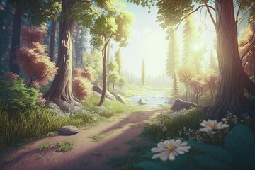 AI generated illustration of forest path with dense trees - obrazy, fototapety, plakaty