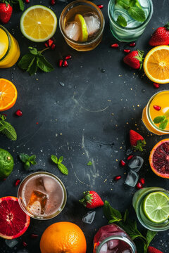 A collection of fresh beverages around the frame