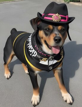 dog with a hat wearing a black jacket and a pink bandana