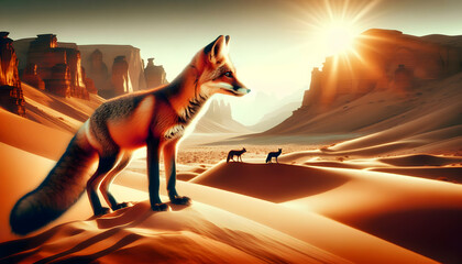 for advertisement and banner as Desert Dwellers A fox in the desert illustrating the adaptability of animals to arid environments. in Pet Behavior theme ,Full depth of field, high quality ,include cop - obrazy, fototapety, plakaty