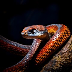 Fototapeta premium AI generated illustration of an orange snake perched on a tree branch among the foliage