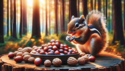 for advertisement and banner as Forest Foragers Squirrels gathering nuts in a forest depicting the cycle of life and foraging. in Pet Behavior theme ,Full depth of field, high quality ,include copy sp