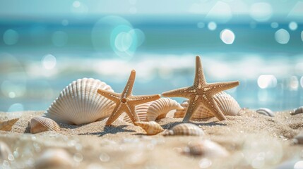 Fototapeta na wymiar Starfish and seashells bask under the glistening sun on a sandy beach.
