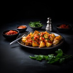 Fototapeta premium this is food sitting on the black plate by some condiments