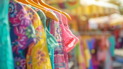 Vibrant summer clothes hanging at a bustling outdoor market stall.