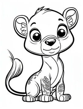 AI-generated illustration of a lion cub on a white background with black outlines.