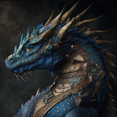 AI generated illustration of portrait of a  majestic blue dragon wearing a gold armor - obrazy, fototapety, plakaty