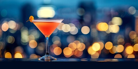 Elegant cocktail glass with an orange twist set against a vibrant bokeh of city night lights.