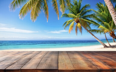 wooden empty table on the beach under a palm tree with an ocean view