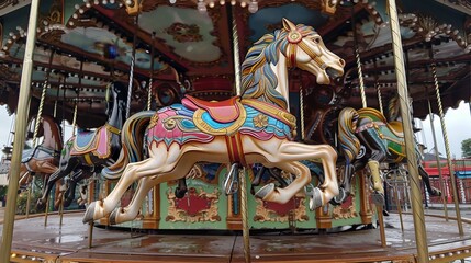Fototapeta na wymiar Sweet carousel with intricately designed horses AI generated illustration