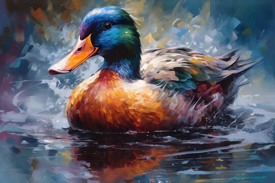 AI-generated illustration of a watercolor painting of a duck floating in a calm body of water.