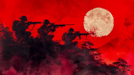 Selbstklebende Fototapeten Silhouette of soldiers on red moonlit night © edojob
