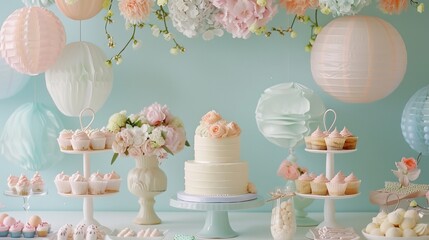 Sweet pastel-colored dessert table  AI generated illustration