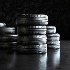 car tire stack at repairing service on black background. 