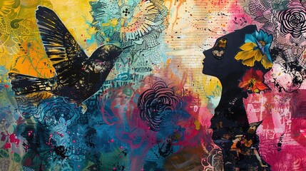 A mixed media artwork combining acrylic paint, ink, and collage elements to create a visually rich and textured composition.