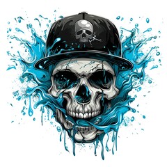 AI generated illustration of a skull wearing a baseball cap with watercolor drips