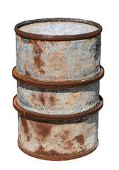 Old rusty metal fuel barrel on white