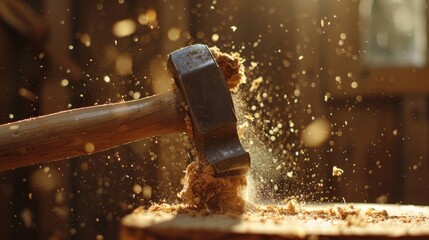 Sunlight glints on a vintage hammer mid-strike on oak, sawdust airborne, essence of craftsmanship