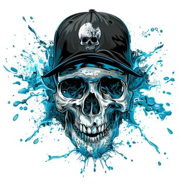 AI generated illustration of a skull wearing a baseball cap with watercolor drips