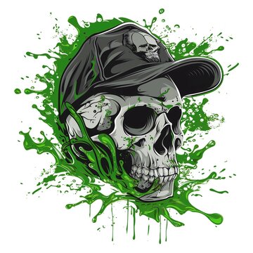 AI generated illustration of a skull wearing a baseball cap with watercolor drips