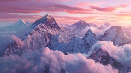 Panoramic drone view of a solitary climber on Everest, surrounded by an endless sea of peaks under a pink-hued sky. - obrazy, fototapety, plakaty