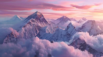 Foto op Plexiglas Panoramic drone view of a solitary climber on Everest, surrounded by an endless sea of peaks under a pink-hued sky. © Paul