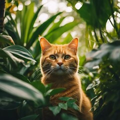 AI generated illustration of a close-up of an orange cat amidst lush green foliage