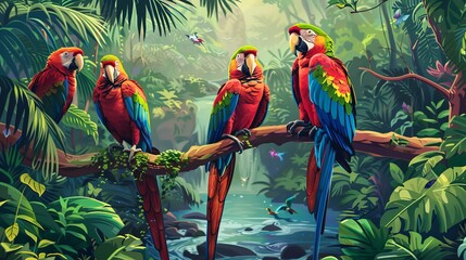 Vibrant parrots in a tropical paradise  AI generated illustration