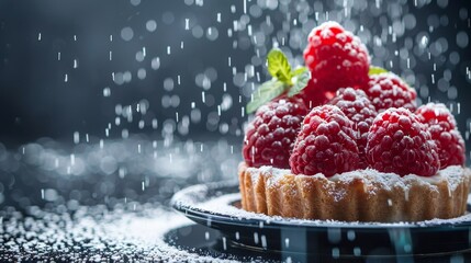 Fresh raspberries on a delicious tart dusted with icing sugar against a dark background