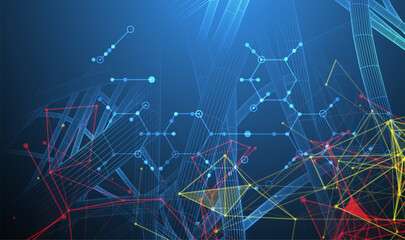 Sci-fi background. Wireframe dynamic pipes with the use of colored plexus effect and hexagons.