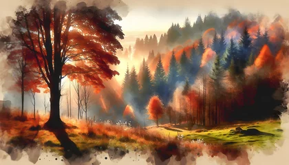 Fotobehang Photo real as Autumn Aura A forest ablaze with autumn colors in a watercolor masterpiece. in nature and landscapes theme ,for advertisement and banner ,Full depth of field, high quality ,include copy  © Gohgah