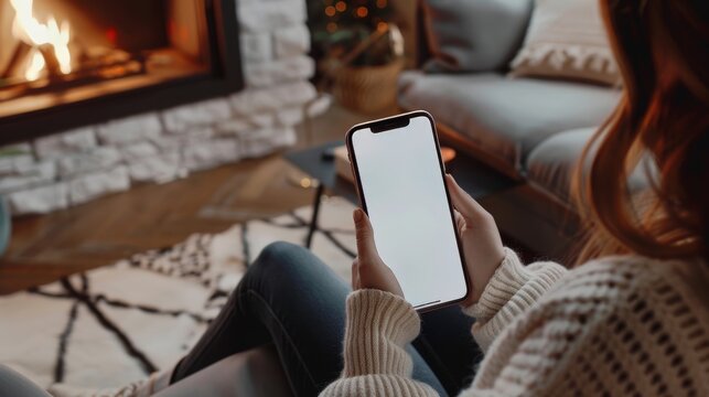 Cozy living room scene, woman with mobile phone, blank white screen, mockup potential