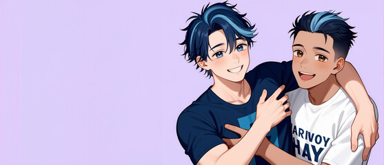 Two cheerful animated characters embracing, depicting friendship and joy, ideal for International Friendship Day and youth-related concepts