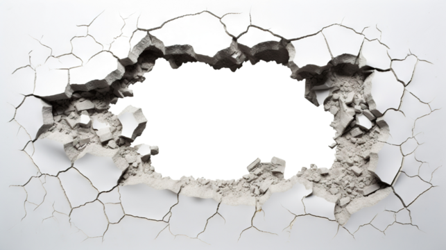 Hole breaking through white wall, cut out