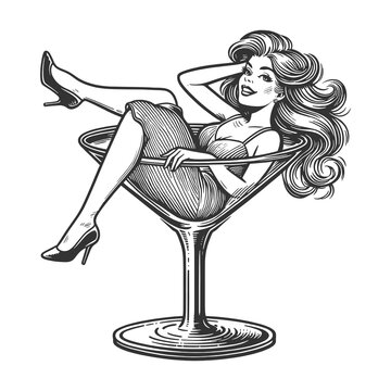 smiling pin up girl in martini glass, reminiscent of classic 1950s style sketch engraving generative ai fictional character raster illustration. Scratch board imitation. Black and white image.