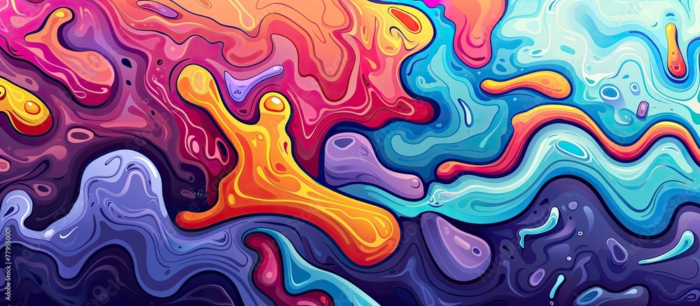 Poster violet waves and swirls on an azure background create a colorful abstract painting resembling the mo