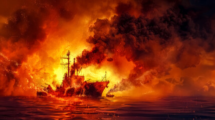Dramatic image of a ship engulfed in flames with smoke against an orange sky