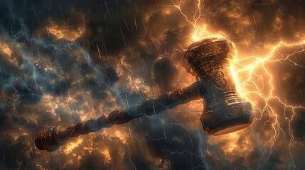 A majestic hammer striking down with lightning power, symbolizing swift justice, against a stormy sky backdrop - obrazy, fototapety, plakaty