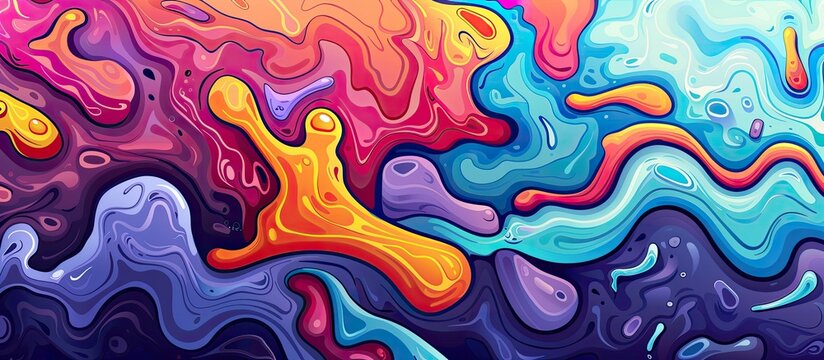Violet waves and swirls on an azure background create a colorful abstract painting resembling the movements of musical instruments and organisms