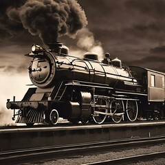 AI-generated illustration of a vintage steam train on tracks with an approaching storm