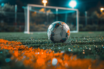 A closeup of a football on a football field - obrazy, fototapety, plakaty