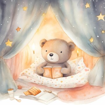 AI generated illustration of watercolor painting of a cute teddy bear on a white bed reading a book