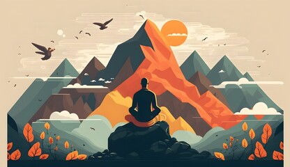 AI generated man sitting in lotus pose against mountains - obrazy, fototapety, plakaty